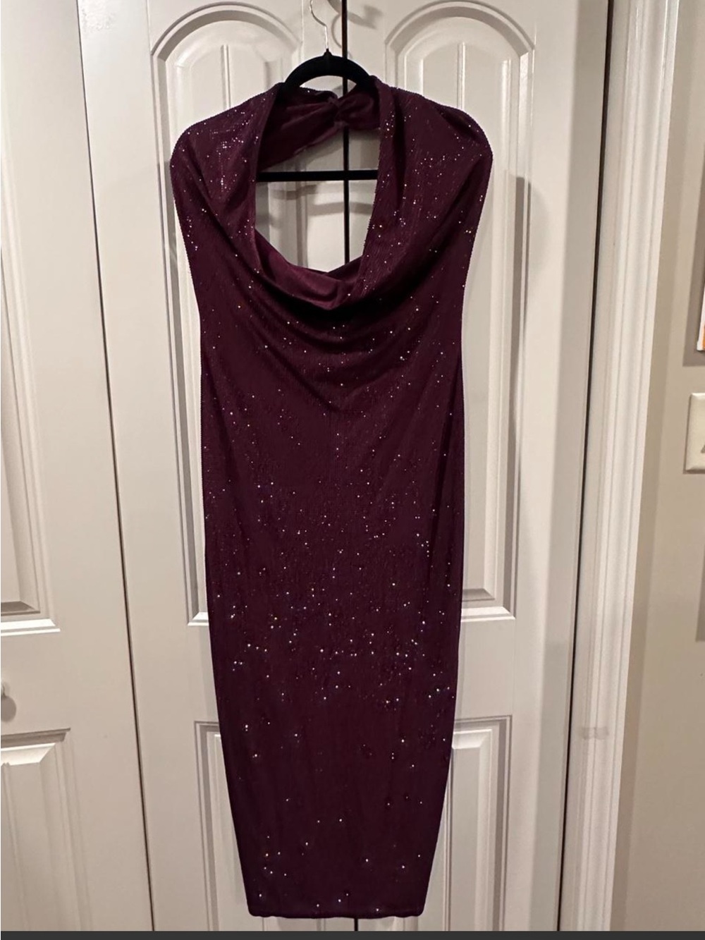 Cowl Neck Burgundy Rhinestone Midi Dress - Picture 2 of 8